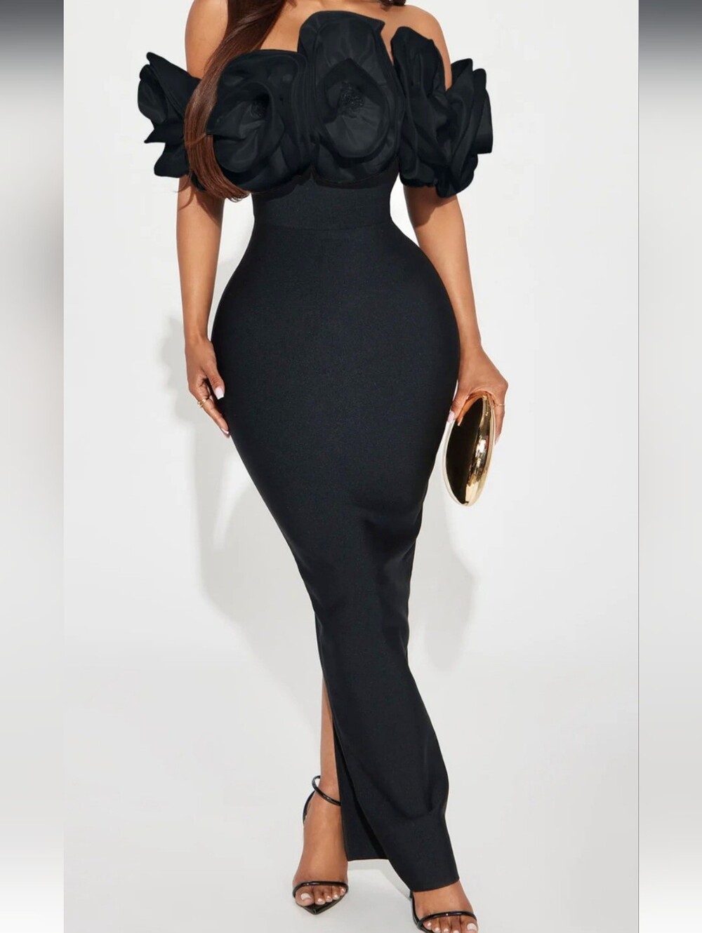 Elegant Off-Shoulder Black Floral Appliqué Gown